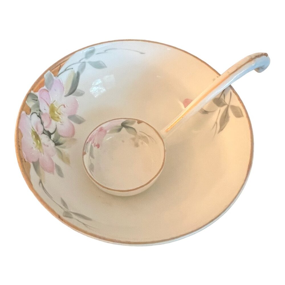 Hand-Painted Nippon Porcelain Sauce Bowl & Ladle Set,  Floral Design & Gold Trim